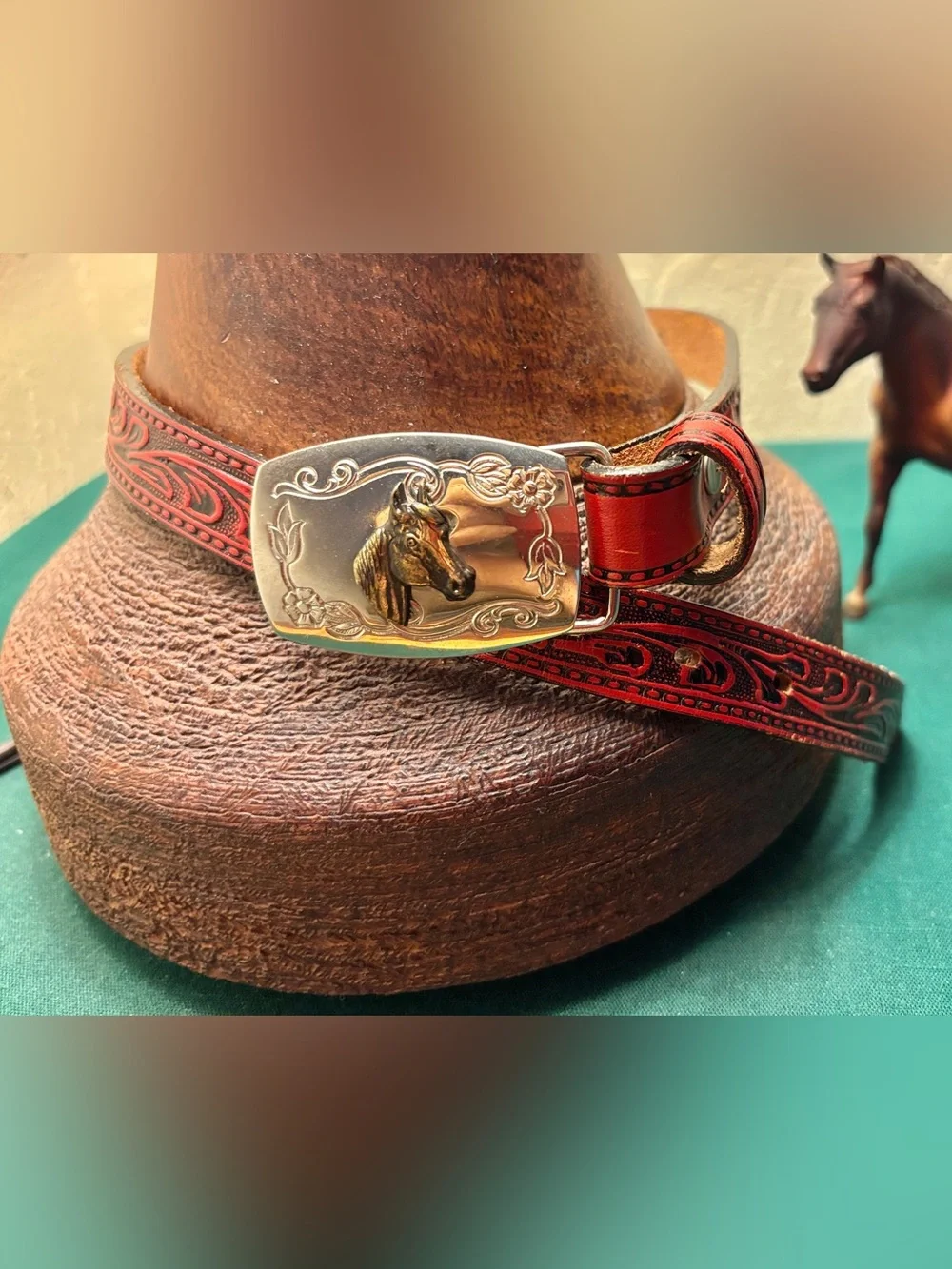 Circle Y of Yokum Vintage Tooled Red Leather Western Belt & Buckle - Child Size